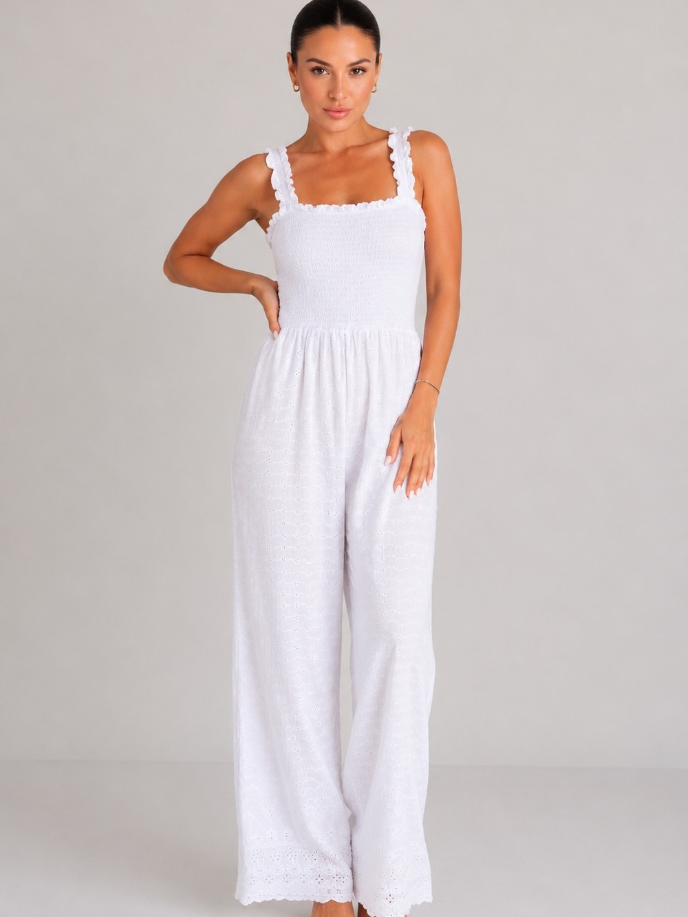 Jessica Simpson White Eyelet Smocked Wide Leg Jumpsuit M - XL